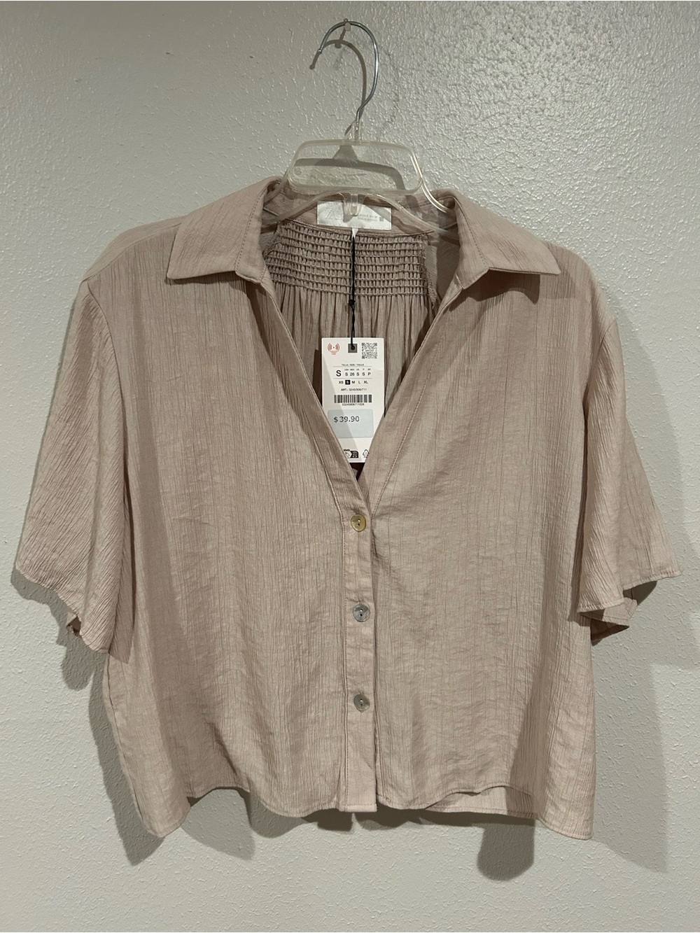 Zara Soft Taupe Short-Sleeve Button-Down Shirt